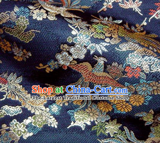 Asian Traditional Baldachin Classical Phoenix Daisy Pattern Navy Brocade Fabric Japanese Kimono Tapestry Satin Silk Material