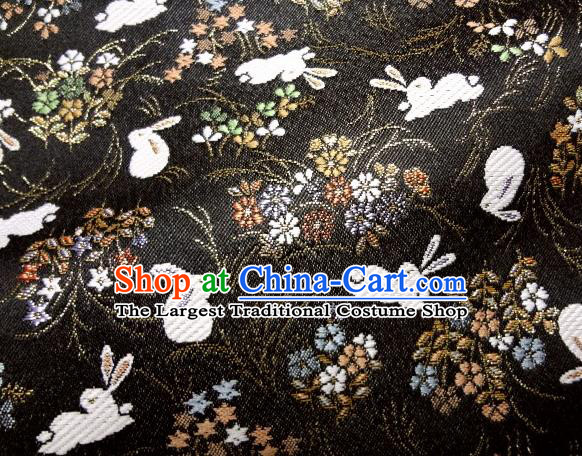 Asian Japanese Traditional Brocade Classical Rabbit Pattern Black Baldachin Fabric Kimono Tapestry Satin Silk Material