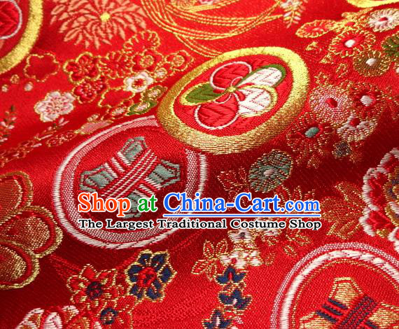 Asian Japanese Traditional Kimono Red Tapestry Satin Classical Plum Blossom Pattern Brocade Fabric Baldachin Silk Material