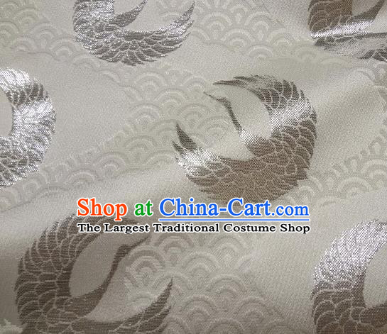 Asian Japanese Traditional Kimono Classical Round Cranes Pattern White Tapestry Satin Brocade Fabric Baldachin Silk Material
