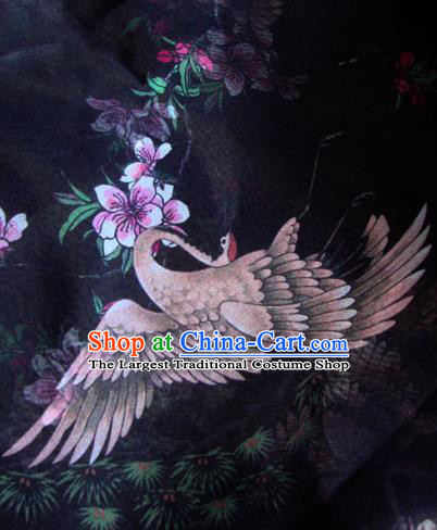 Asian Traditional Fabric Classical Crane Pattern Black Watered Gauze Brocade Chinese Satin Silk Material