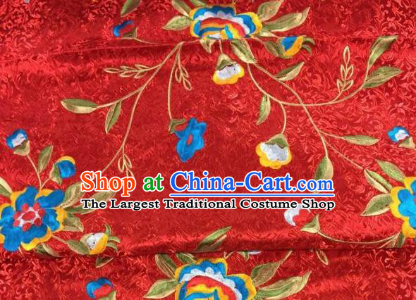 Asian Traditional Fabric Classical Embroidered Peony Flowers Pattern Red Brocade Chinese Satin Silk Material