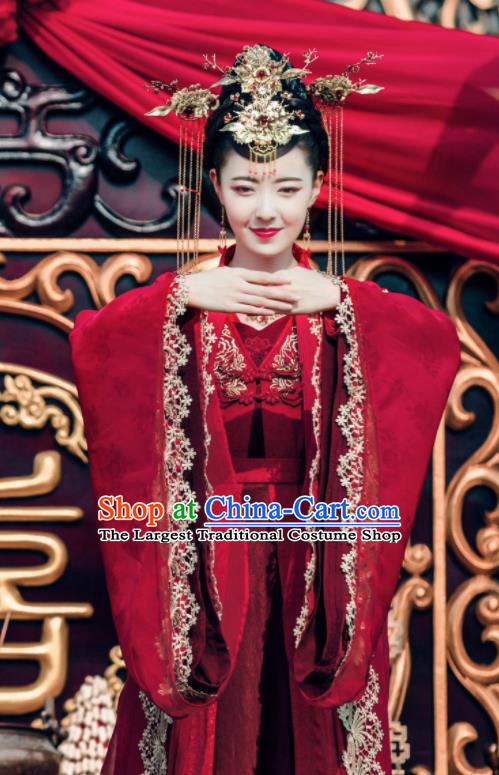 Chinese Ancient Princess Red Hanfu Dress Drama Zhao Yao Bride Traditional Wedding Costume and Headpiece Complete Set