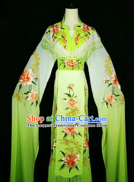 Traditional Chinese Peking Opera Peri Embroidered Peony Light Green Dress Ancient Court Princess Costume for Women