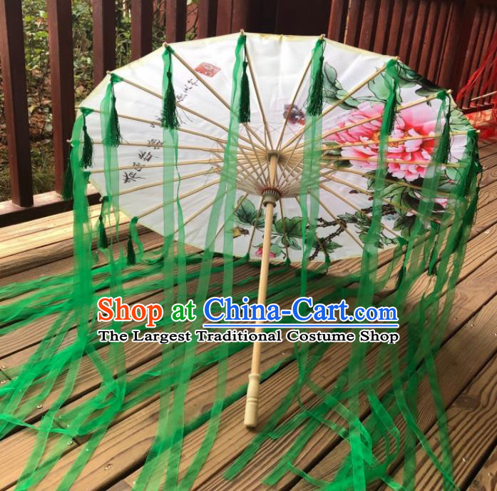 Chinese Ancient Drama Prop Printing Umbrella Traditional Handmade Green Ribbon Umbrellas