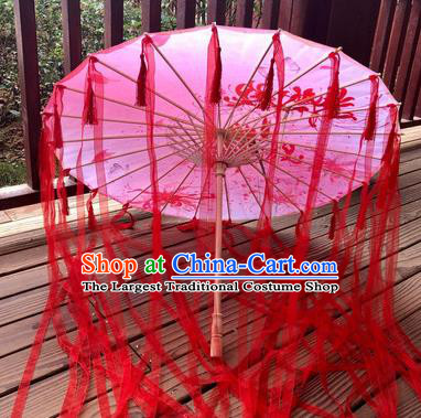 Chinese Ancient Drama Prop Printing Flowers Umbrella Traditional Handmade Red Ribbon Umbrellas