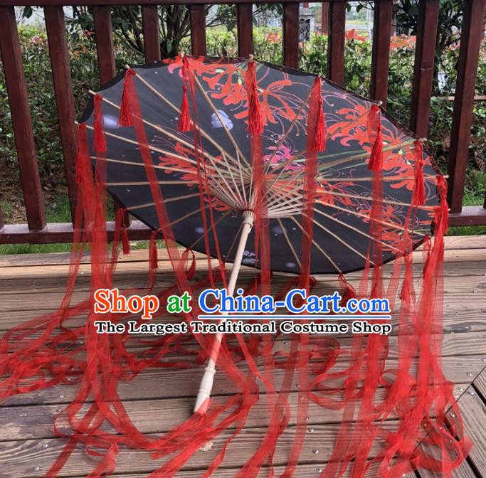 Chinese Ancient Drama Prop Black Silk Umbrella Traditional Handmade Red Ribbon Umbrellas