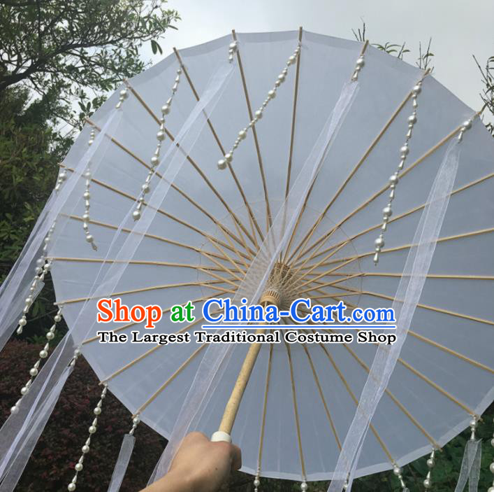 Chinese Ancient Drama Prop Beads Tassel Umbrella Traditional Handmade White Ribbon Umbrellas
