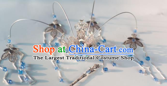 Chinese Ancient Princess Blue Beads Tassel Phoenix Coronet Hairpins Traditional Hanfu Hair Accessories for Women