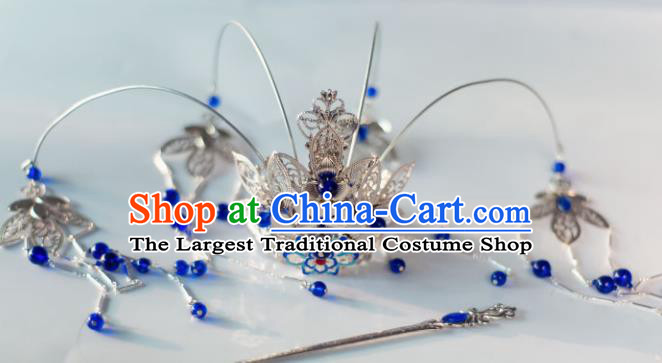 Chinese Ancient Princess Royalblue Beads Tassel Phoenix Coronet Hairpins Traditional Hanfu Hair Accessories for Women