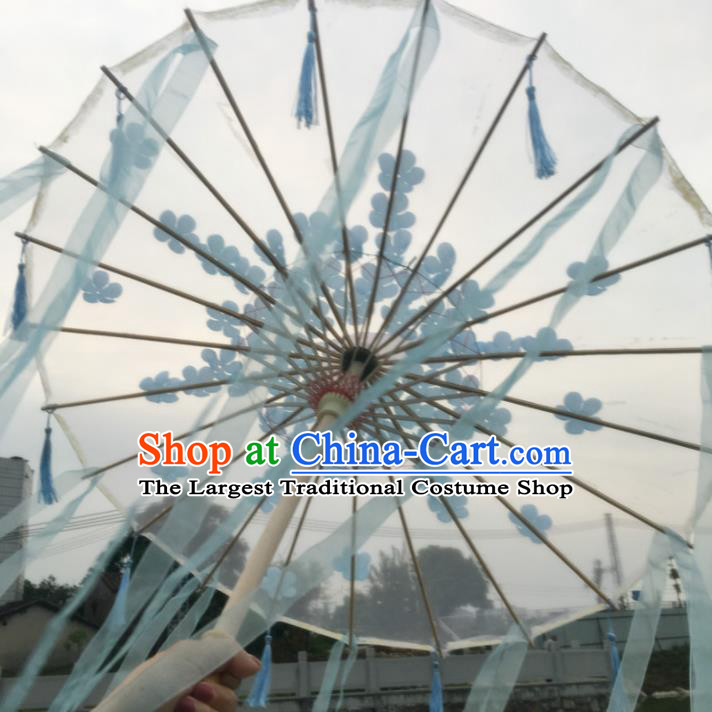 Chinese Ancient Princess Blue Ribbon Umbrella Traditional Handmade Silk Umbrellas for Women