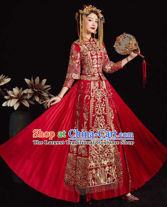Chinese Traditional Bride Diamante Xiuhe Suit Ancient Wedding Embroidered Red Dress for Women