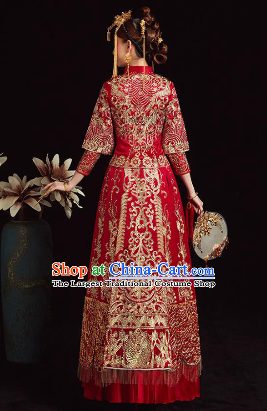 Chinese Traditional Bride Diamante Xiuhe Suit Ancient Wedding Embroidered Red Dress for Women