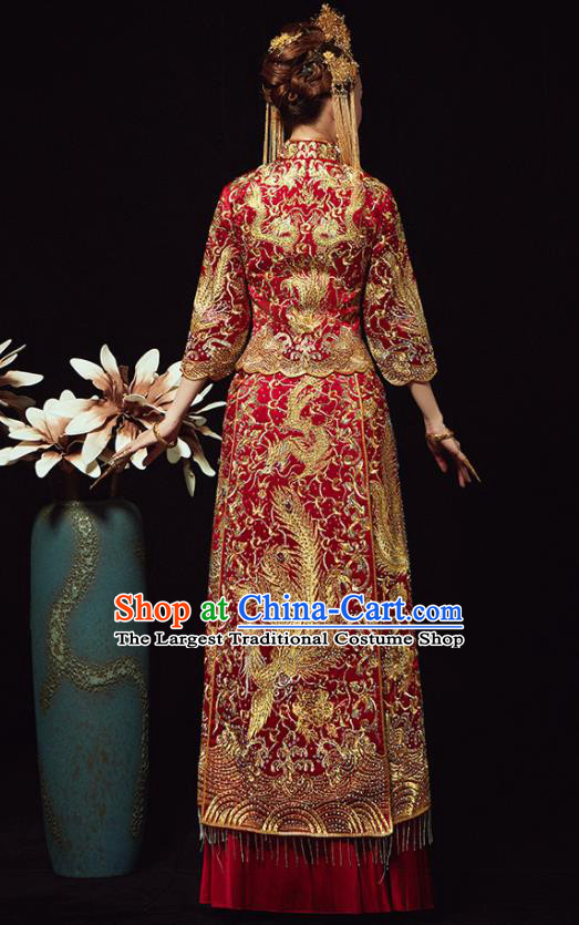 Chinese Traditional Bride Diamante Phoenix Xiuhe Suit Ancient Wedding Embroidered Red Dress for Women