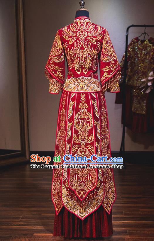 Chinese Traditional Bride Red Xiuhe Suit Ancient Wedding Embroidered Diamante Dress for Women