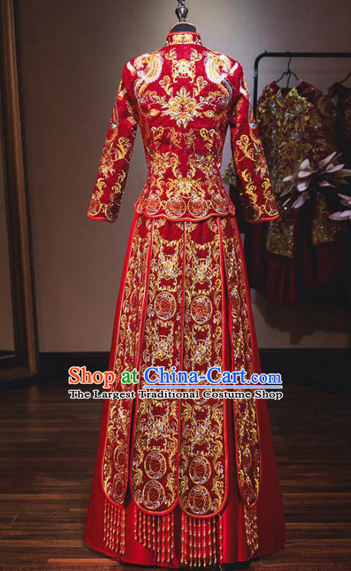 Chinese Traditional Bride Red Diamante Xiuhe Suit Ancient Wedding Embroidered Phoenix Dress for Women