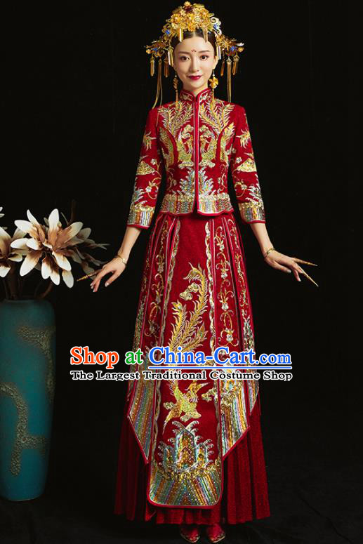 Chinese Traditional Bride Diamante Costume Embroidered Phoenix Xiuhe Suit Ancient Wedding Dress for Women