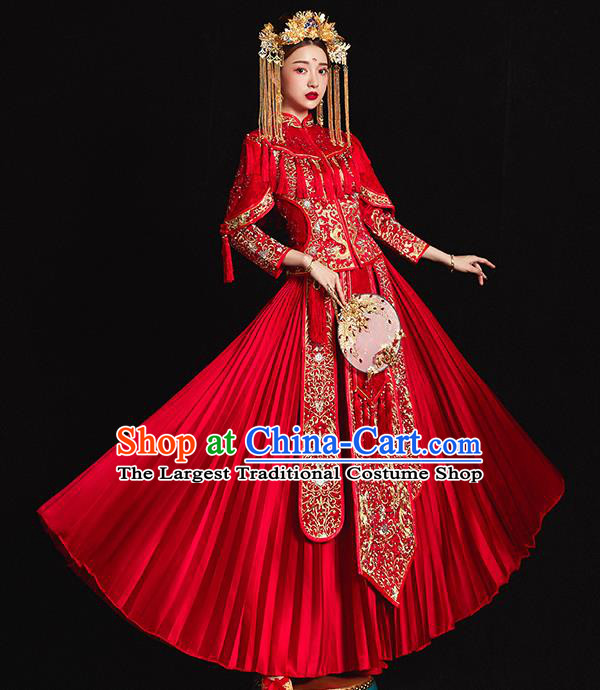 Chinese Traditional Bride Costume Embroidered Xiuhe Suit Ancient Wedding Red Dress for Women