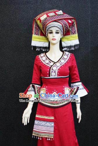 Chinese Traditional Yao Nationality Embroidered Red Dress Ethnic Folk Dance Costume for Women