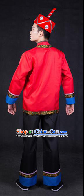 Chinese Traditional Yi Nationality Red Clothing Ethnic Bridegroom Folk Dance Costume for Men