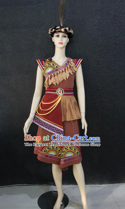 Chinese Traditional Zhuang Nationality Female Brown Dress Ethnic Folk Dance Costume for Women