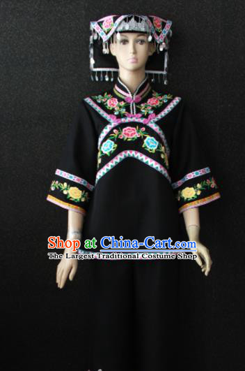 Chinese Traditional Buyei Nationality Black Dress Ethnic Bride Folk Dance Costume for Women