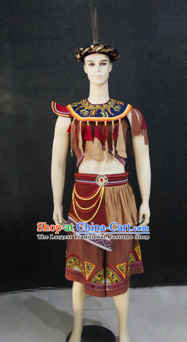 Chinese Traditional Ethnic Brown Costume Zhuang Nationality Festival Folk Dance Clothing for Men