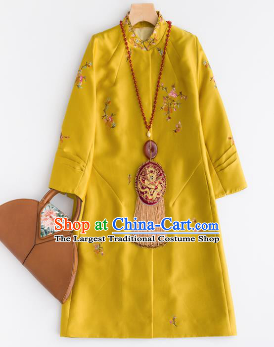 Chinese Traditional National Costume Tang Suit Yellow Dust Coat Embroidered Upper Outer Garment for Women