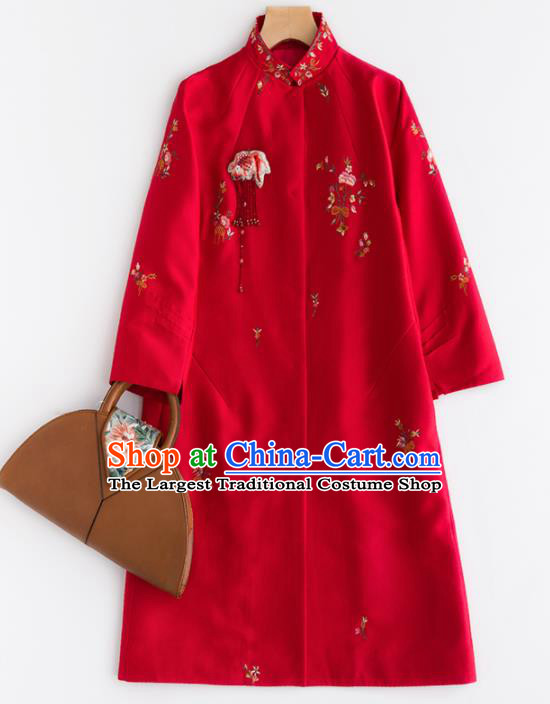 Chinese Traditional National Costume Tang Suit Red Dust Coat Embroidered Upper Outer Garment for Women