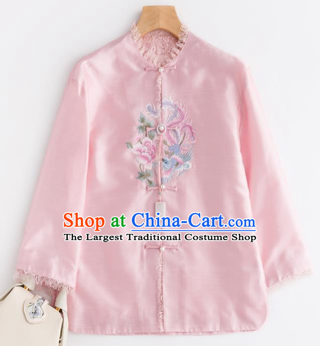 Chinese Traditional National Costume Tang Suit Upper Outer Garment Embroidered Pink Jacket for Women