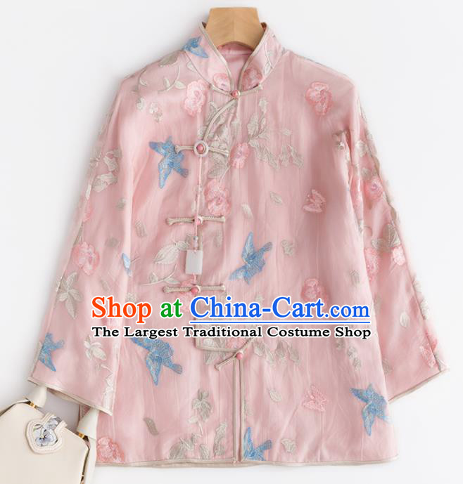 Chinese Traditional National Costume Tang Suit Upper Outer Garment Embroidered Pink Blouse for Women