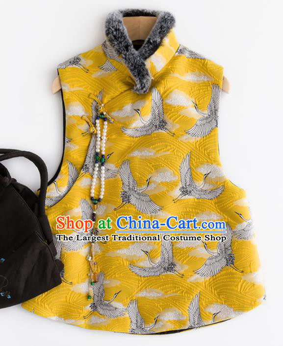 Traditional Chinese National Costume Tang Suit Embroidered Cranes Yellow Waistcoat Upper Outer Garment for Women