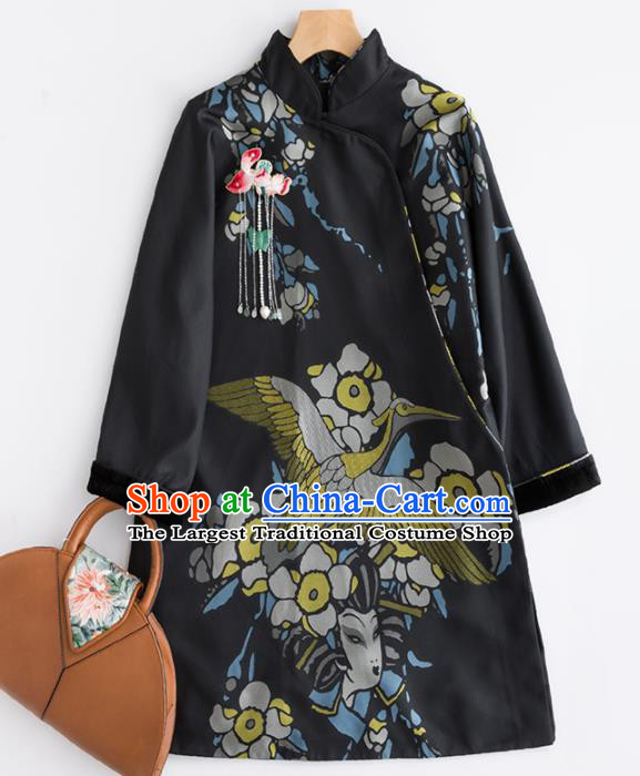 Chinese Traditional National Winter Costume Tang Suit Upper Outer Garment Black Coat for Women