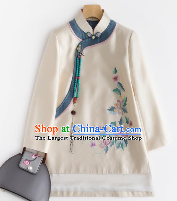 Chinese Traditional Tang Suit National Costume Upper Outer Garment Embroidered White Coat for Women