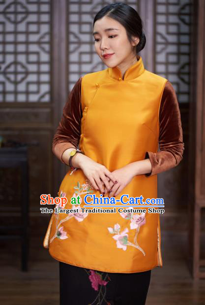 Traditional Chinese National Costume Tang Suit Embroidered Magnolia Yellow Waistcoat for Women