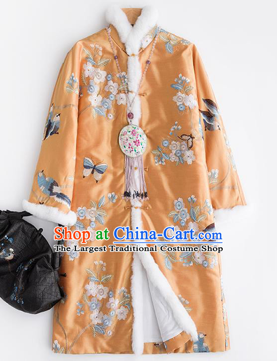Chinese Traditional Embroidered Costume National Tang Suit Yellow Cotton Padded Coat Outer Garment for Women