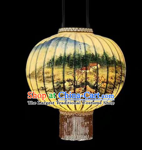 Chinese Traditional Ink Painting Landscape Round Lantern Handmade New Year Palace Lanterns