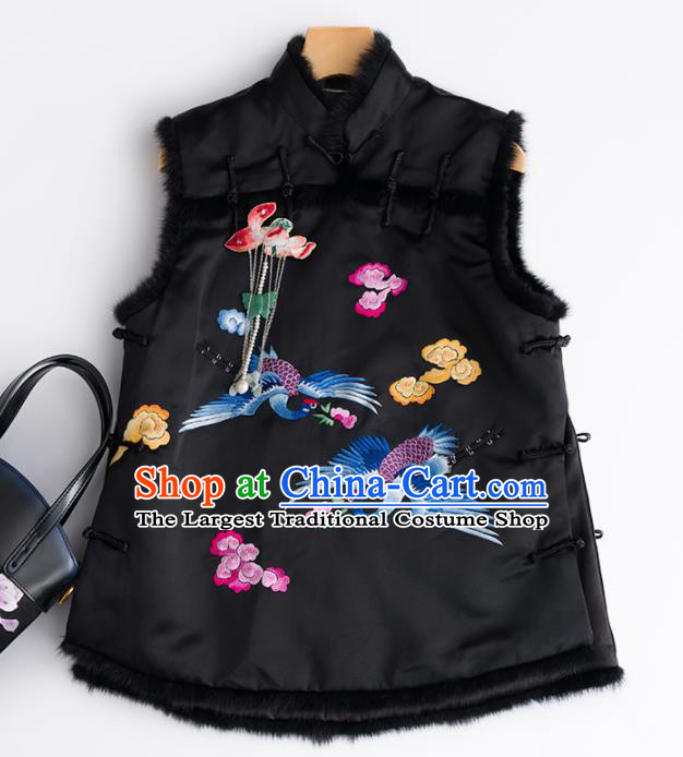 Traditional Chinese National Costume Embroidered Cranes Black Vest Tang Suit Waistcoat for Women