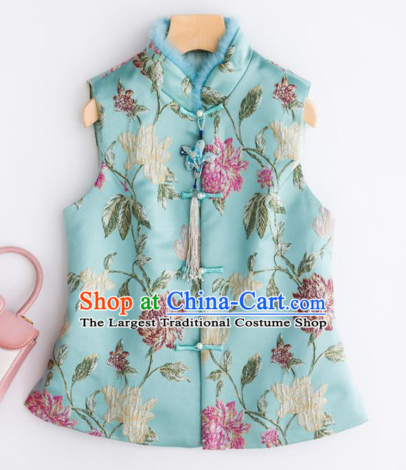 Traditional Chinese National Costume Winter Light Blue Vest Tang Suit Waistcoat for Women