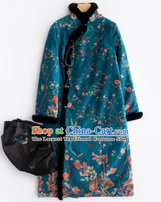 Chinese Traditional Costume National Tang Suit Embroidered Blue Cotton Padded Coat for Women