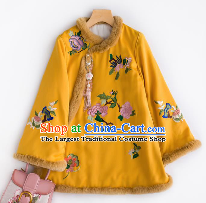 Chinese Traditional Costume National Tang Suit Embroidered Peony Yellow Cotton Padded Jacket for Women