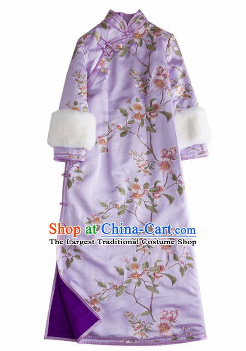 Chinese Traditional National Costume Cheongsam Ancient Qing Dynasty Embroidered Purple Qipao Dress for Women