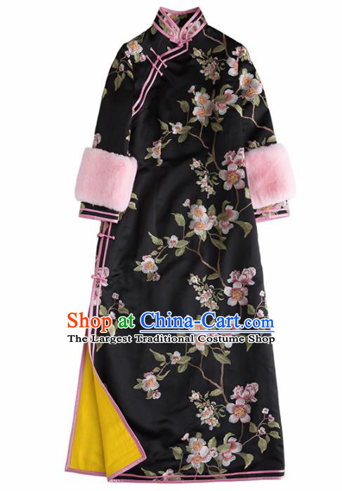 Chinese Traditional National Costume Cheongsam Ancient Qing Dynasty Embroidered Black Qipao Dress for Women