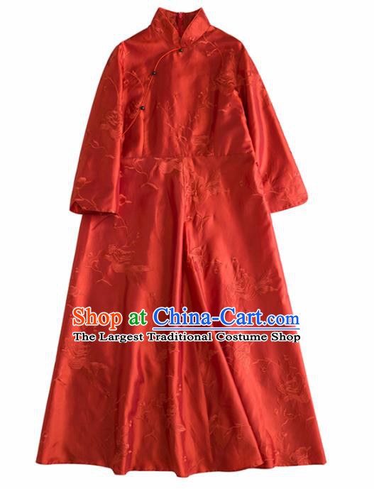 Chinese Traditional Costume National Cheongsam Embroidered Red Silk Qipao Dress for Women