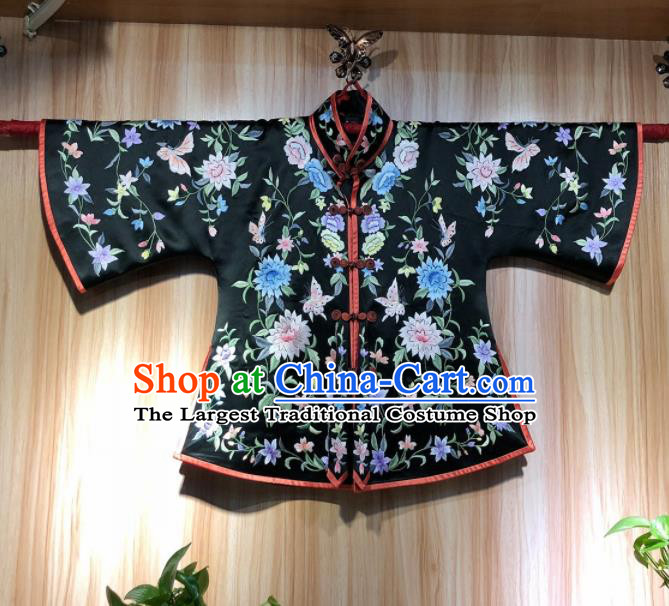 Chinese Traditional National Costume Ancient Qing Dynasty Embroidered Black Silk Blouse for Women