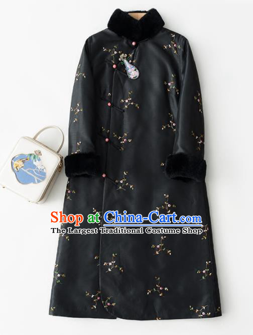 Chinese Traditional Costume National Winter Cheongsam Embroidered Black Qipao Dress for Women
