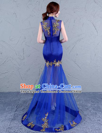 Chinese Traditional National Costume Classical Wedding Cheongsam Royalblue Veil Full Dress for Women