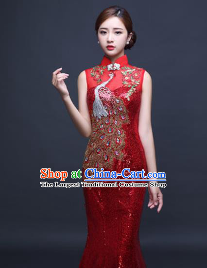 Chinese Traditional Wedding Costume Classical Red Trailing Full Dress for Women