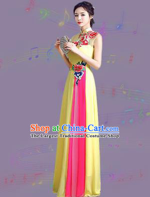 Chinese Traditional Cheongsam Costume Classical Embroidered Peony Yellow Full Dress for Women