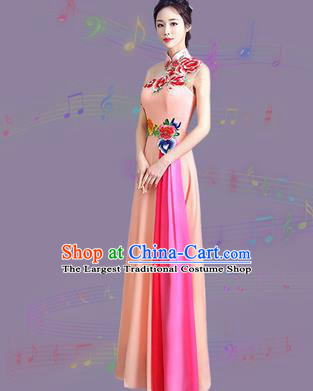 Chinese Traditional Cheongsam Costume Classical Embroidered Peony Pink Full Dress for Women
